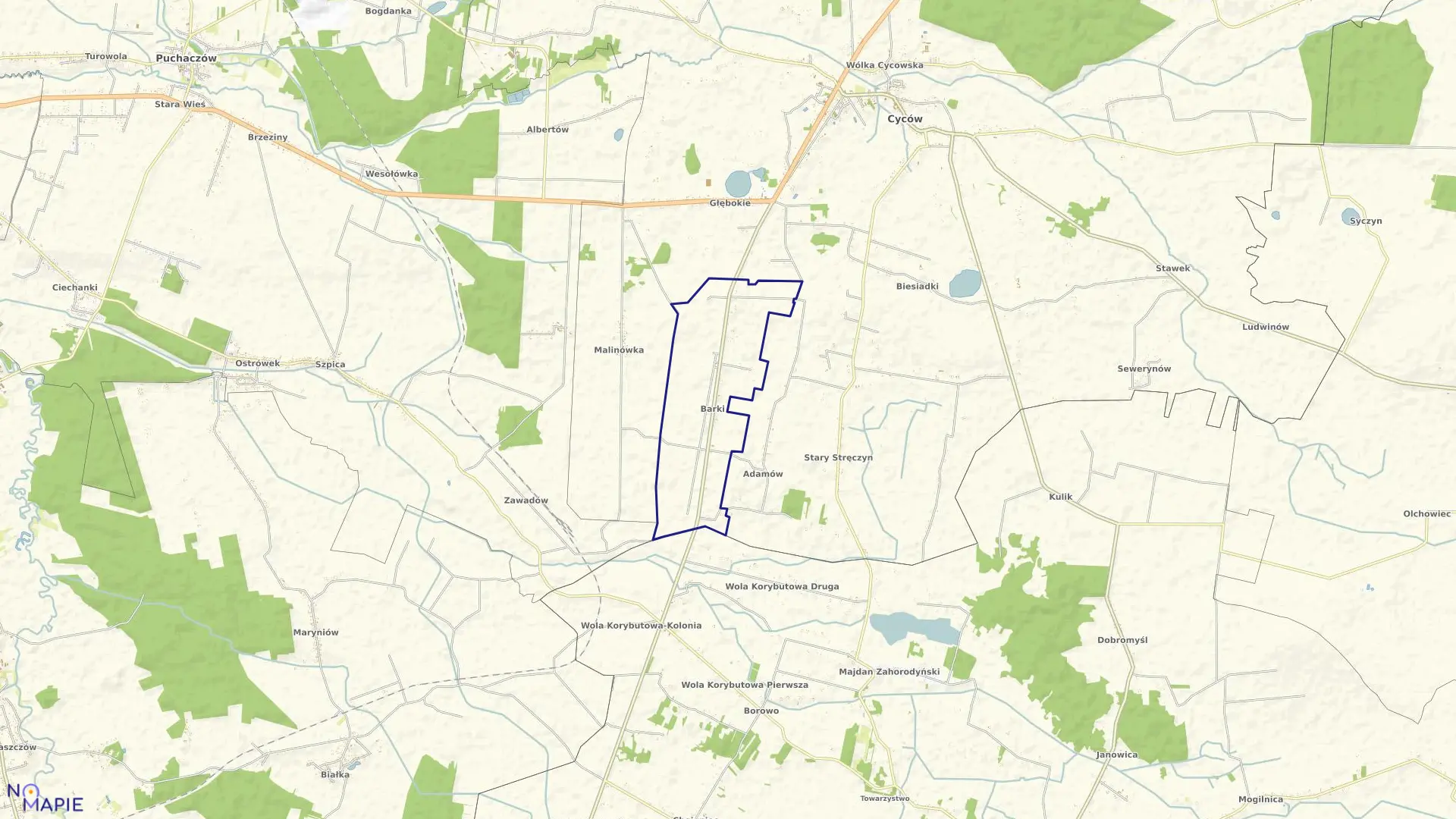 Mapa obrębu Barki w gminie Cyców