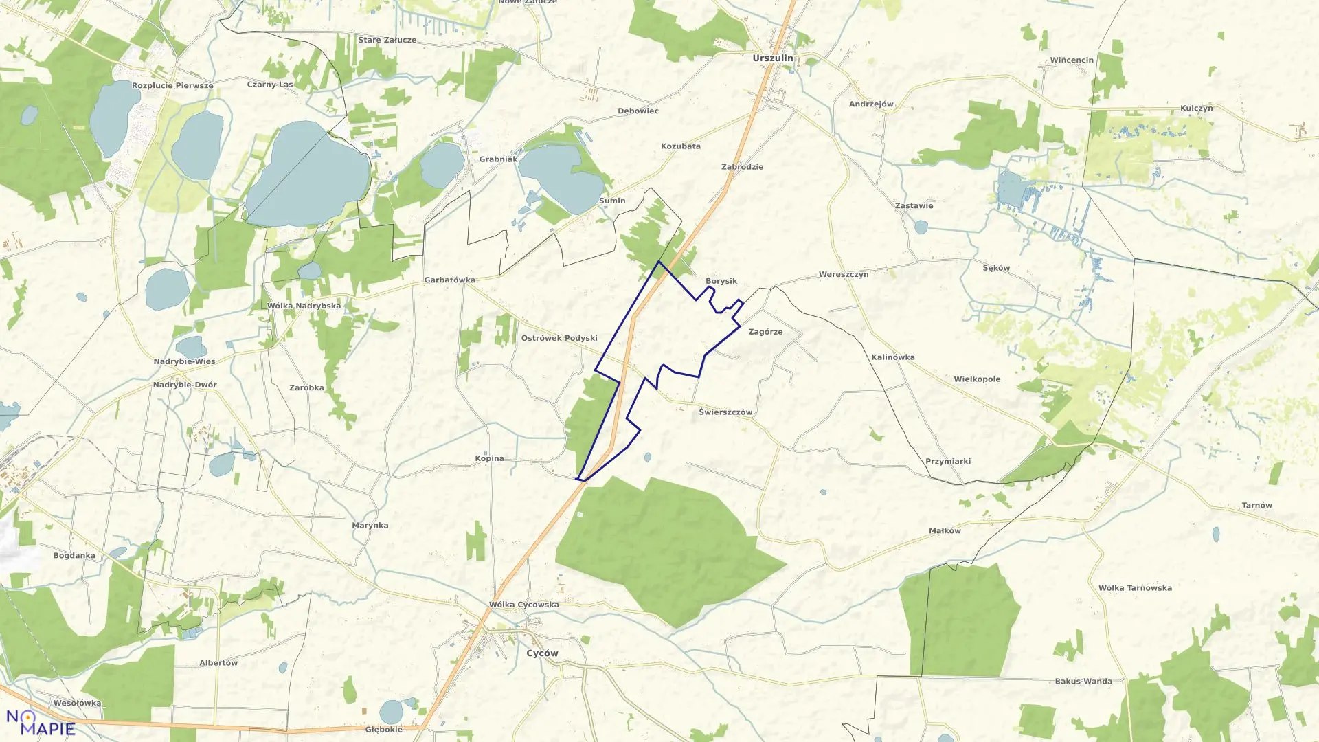 Mapa obrębu Świerszczów Kolonia w gminie Cyców